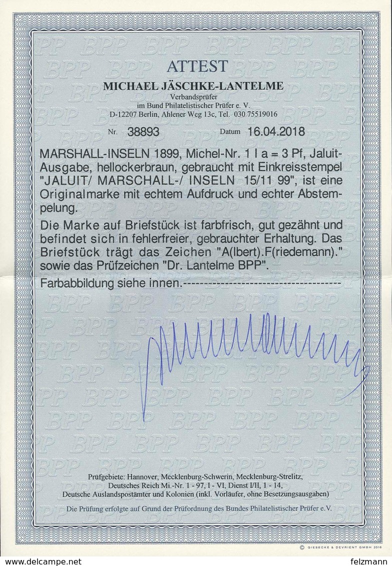 Briefstück 3 Pfg Krone/Adler Hellockerbraun, Jaluit-Ausgabe Ideal Zentrisch Entwertet Mit 1. Stempel 15/11 99 Auf Kleine - Sonstige & Ohne Zuordnung