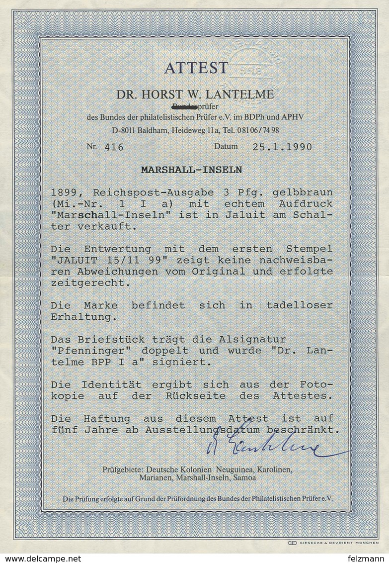 Briefstück 3 Pfg Krone/Adler Hellockerbraun, Jaluit-Ausgabe Ideal Zentrisch Entwertet Mit 1. Stempel 15/11 99 Auf Kleine - Sonstige & Ohne Zuordnung