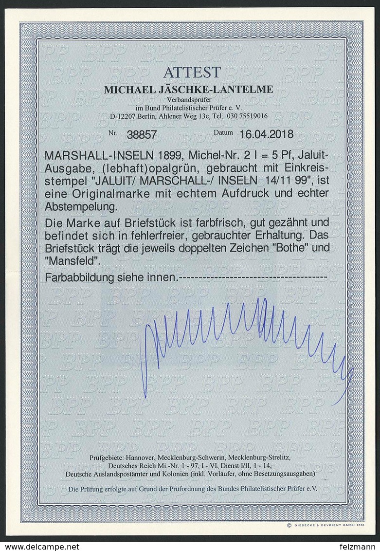 Briefstück 5 Pfg Krone/Adler Jaluit-Ausgabe Mit Voll Aufsitzendem 1. Stempel JALUIT 14 11 99 Auf Luxus-Briefstück, Farbf - Sonstige & Ohne Zuordnung