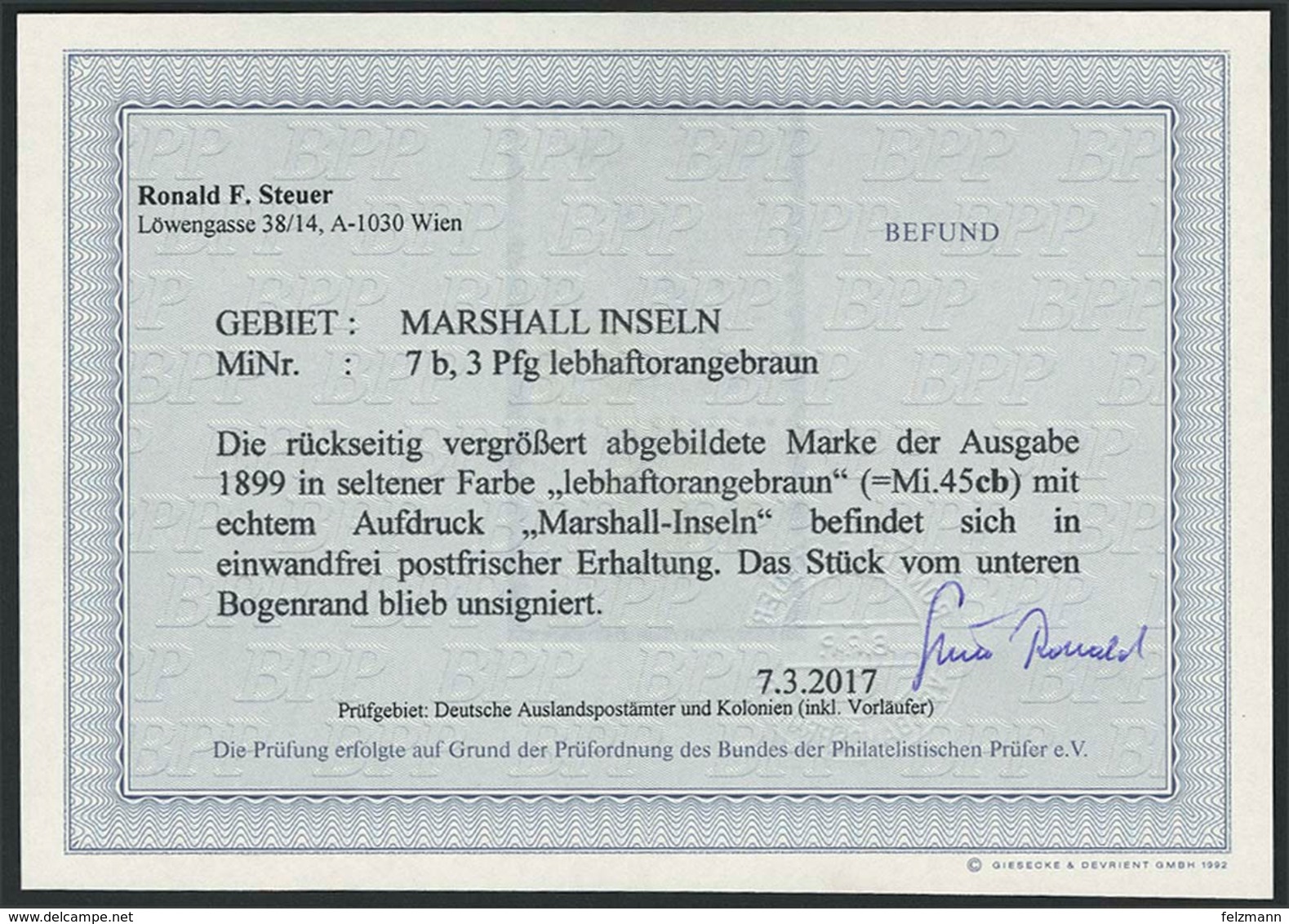 Postfrisch "3 Pfg Krone/Adler Lebhaftorangebraun, Postfrisches Unterrandstück, Dort Bug, Befund Steuer BPP ""... Einwand - Sonstige & Ohne Zuordnung