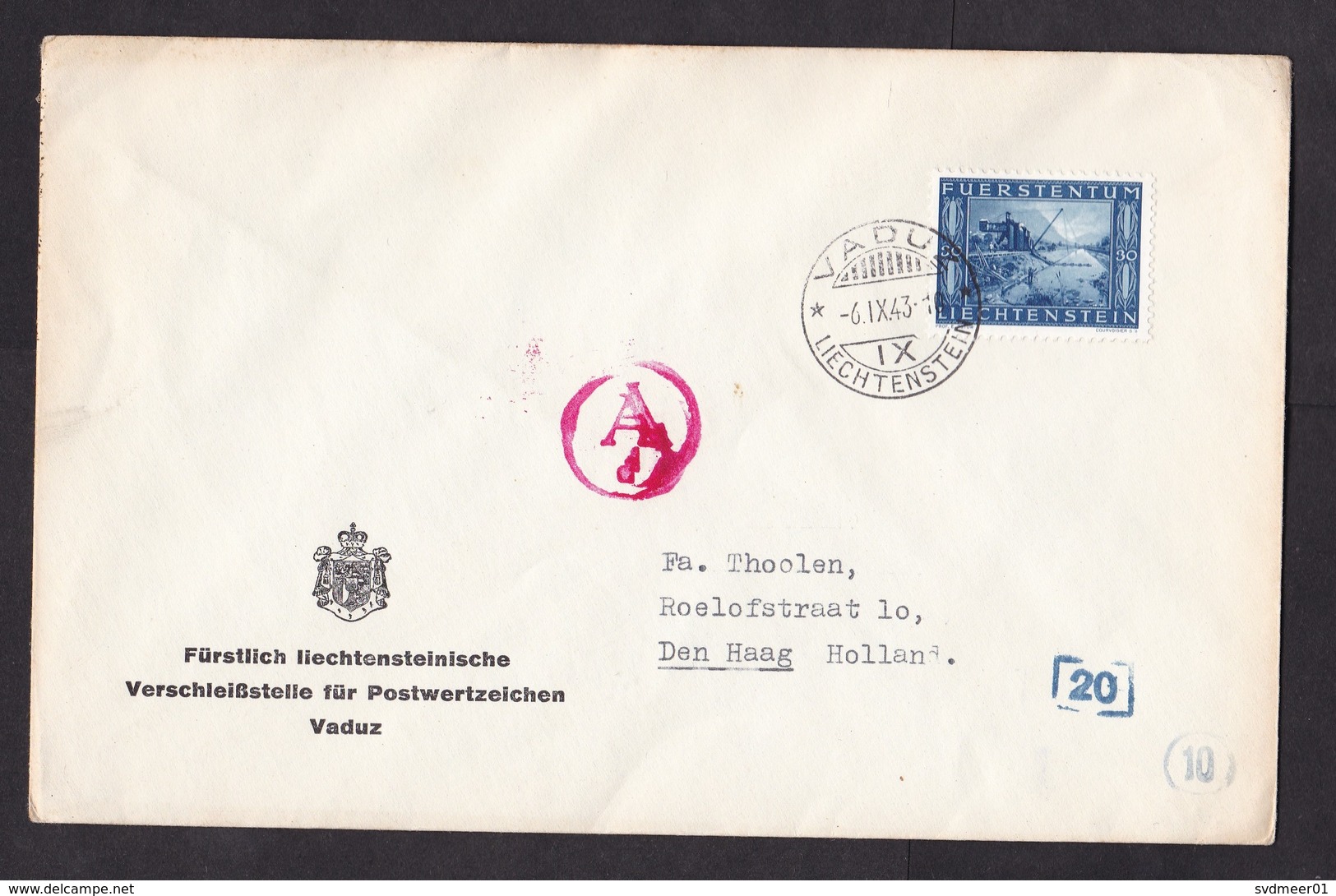 Liechtenstein: Official Cover To Netherlands, 1943, 1 Stamp, Censor Marks, Censored, World War, WW2 (minor Discolouring) - Brieven En Documenten