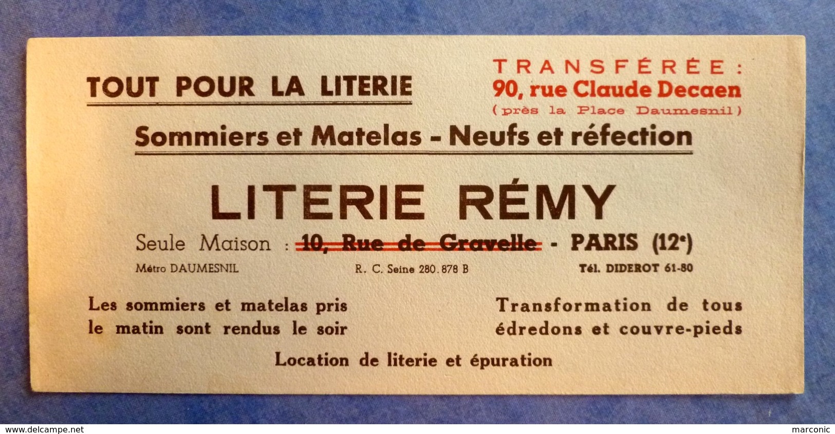 Buvard Ancien - LITERIE REMY PARIS 12e - Sommiers Et Matelas, Neufs Et Réfection - L