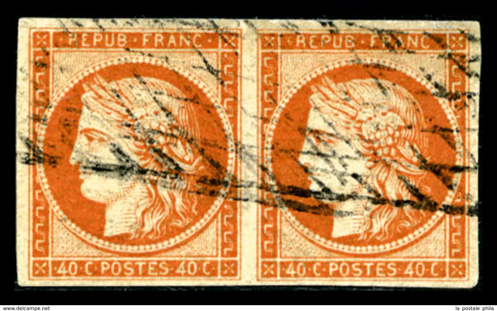 O N°5b, 40c Orange Foncé En Paire Horizontale, Oblitération Grille Sans Fin, Jolie Nuance, TTB (certificat)   Qualité: O - 1849-1850 Ceres