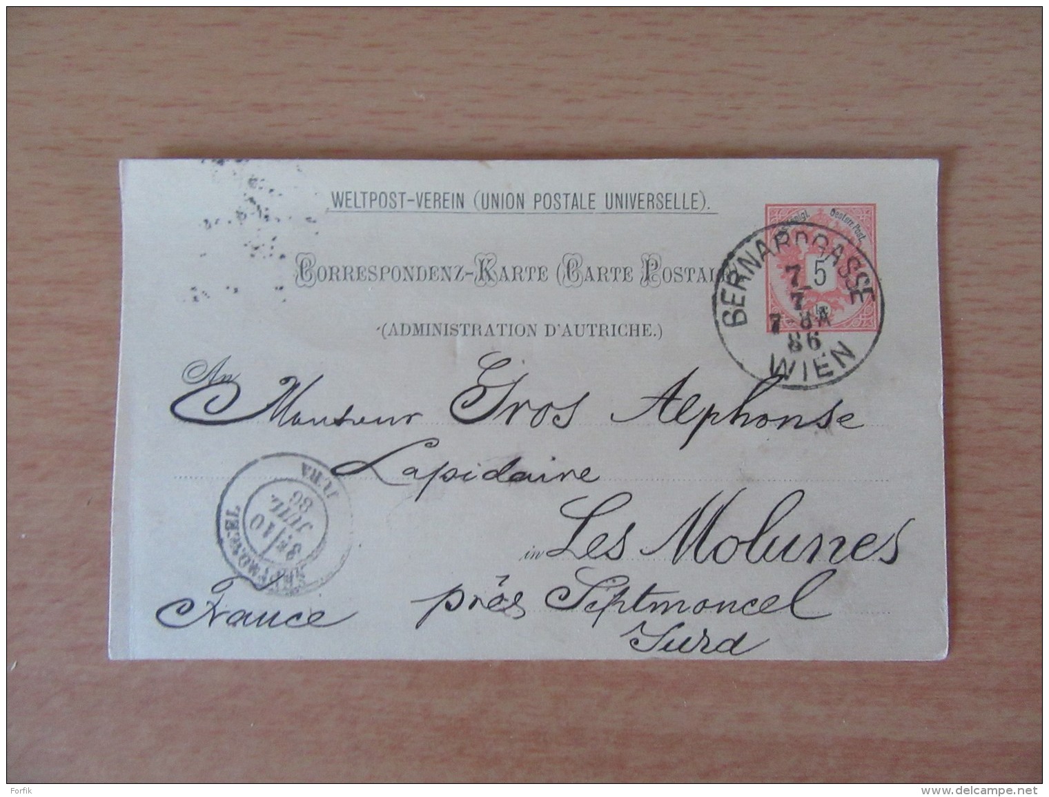 Entier Postal UPU Union Postale Universelle Autriche - Vienne Vers Les Molunes (Jura) - Oblitéré En Juillet 1886 - Autres & Non Classés