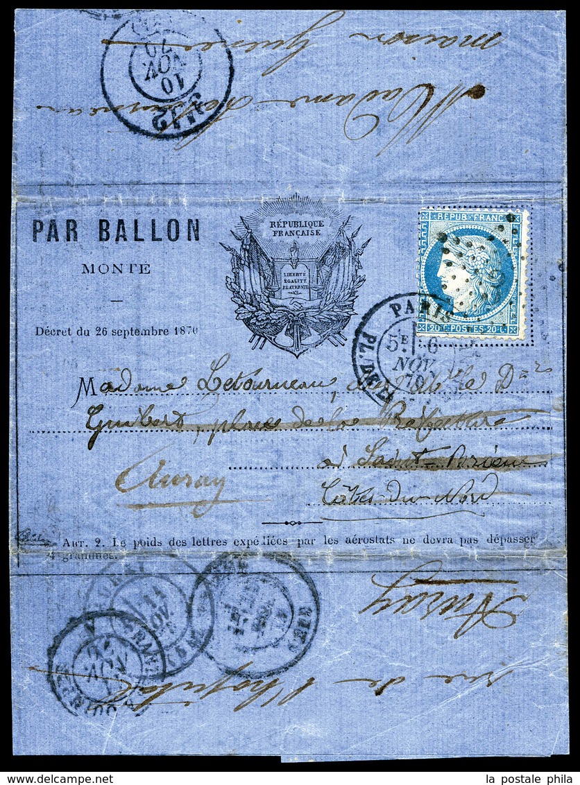 O La GIRONDE', 20c Siège Sur Formule Aux Drapeaux, Càd Du 6 Novembre 70 Distribué à St Brieuc Le 11 Nov Et Réexpédié à A - War 1870