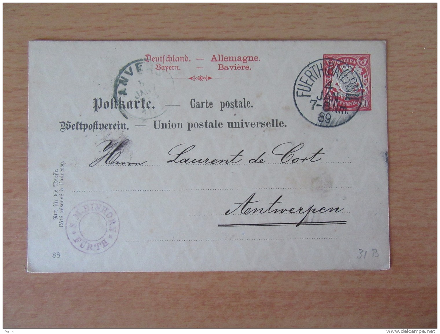 Entier Postal Allemagne Bavière / Bayern 10 Pfennig - Oblitération Fuerth Bayern - Circulé Le 4 Janvier 1889 - Autres & Non Classés