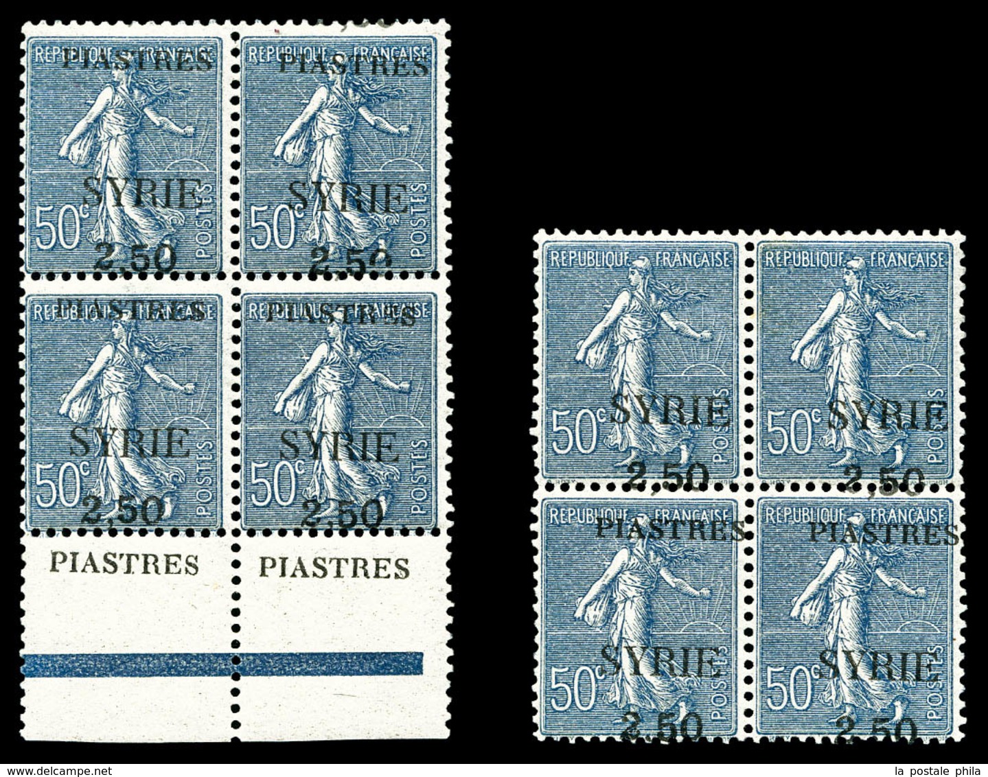 ** SYRIE N°113, 2.50 Sur 50c Bleu: 2 Bloc De Quatre Surcharges à Cheval. TTB  Qualité: ** - Used Stamps