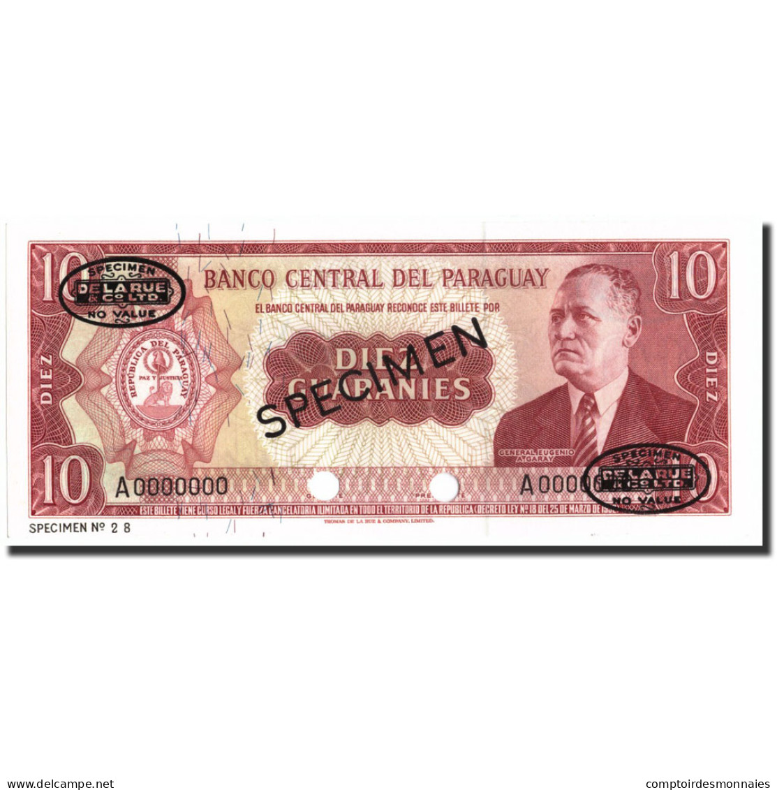 Billet, Paraguay, 10 Guaranies, 1952, Specimen TDLR, KM:196s, NEUF - Paraguay