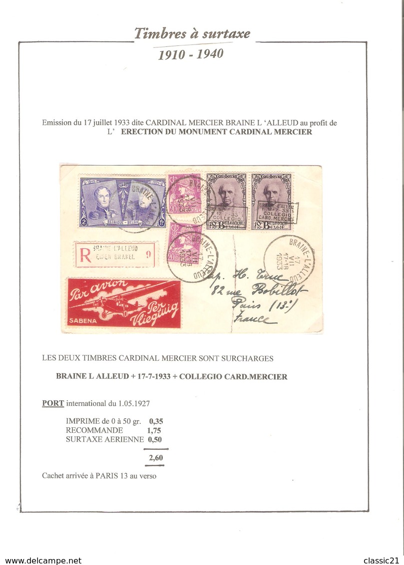 TP 231 75° Anniversaire-338(2)-374A(2) S/CP.recommandée C.Braine L'Alleud 1°jour Des TP Cardinal Mercier 17/7/1933 Rare - Brieven En Documenten