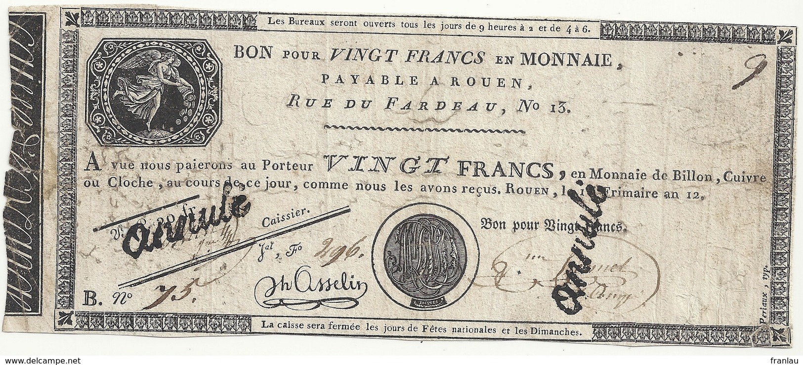 France  Vingt Francs En Monnaie De Billon Cuivre Ou Cloche Rouen Frimaire An 12 Billet Annulé - Assignats & Mandats Territoriaux