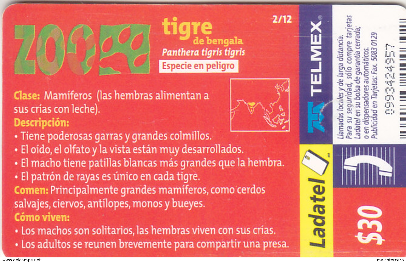 Mexico Phonecard LADATEL TELMEX BENGAL TIGER  No Credit Good Condition - Mexico