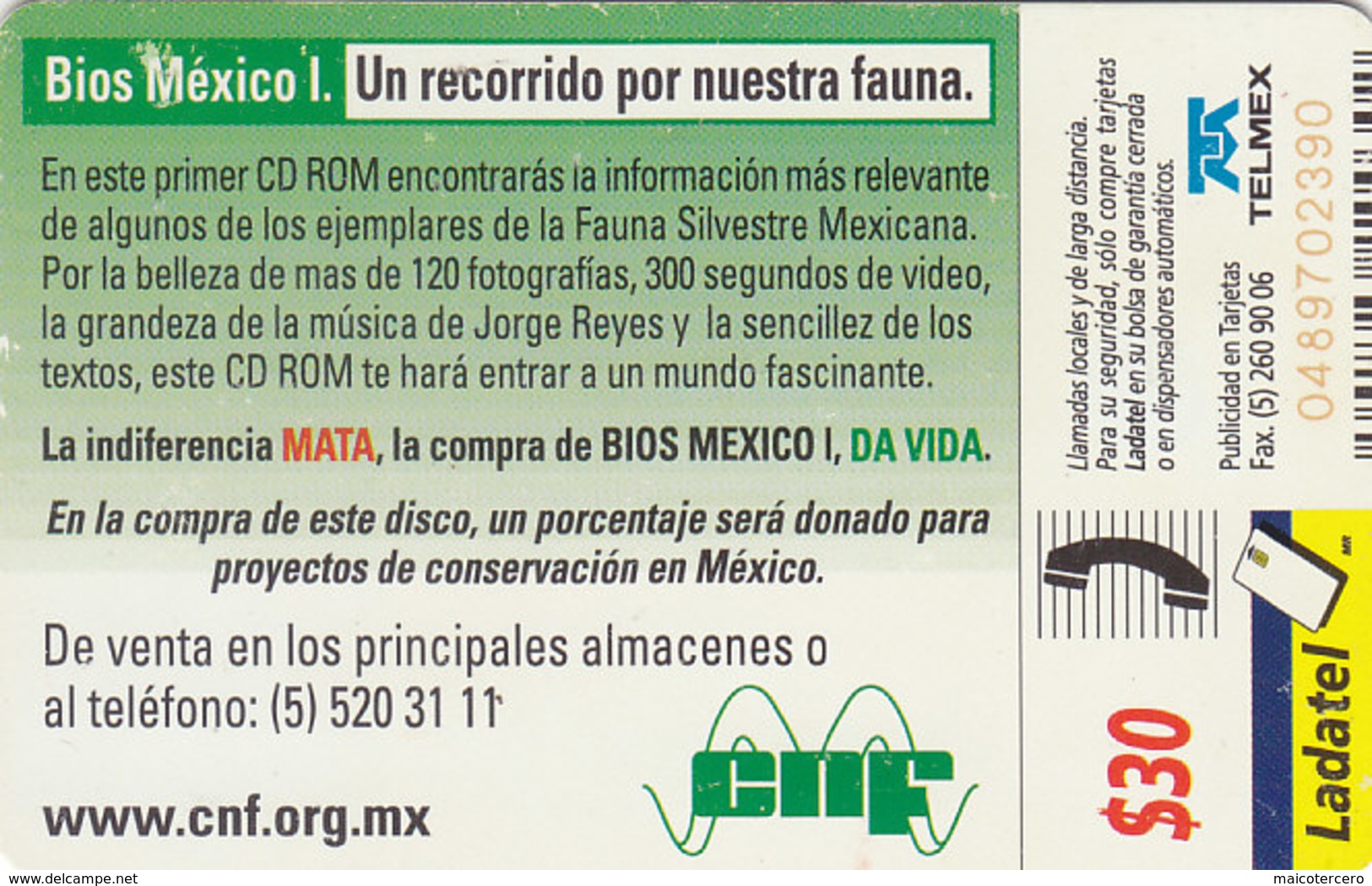 Mexico Phonecard LADATEL TELMEX GREEN FROG  No Credit Good Condition - Mexico