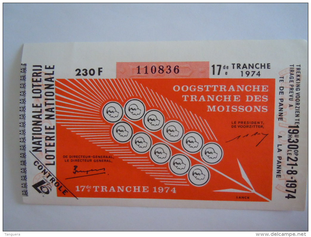 Belgie Belgique Loterie Nationale Loterij 17 De E Tranche  Des Moissons Oogsttranche De La Panne 1974 - Billets De Loterie