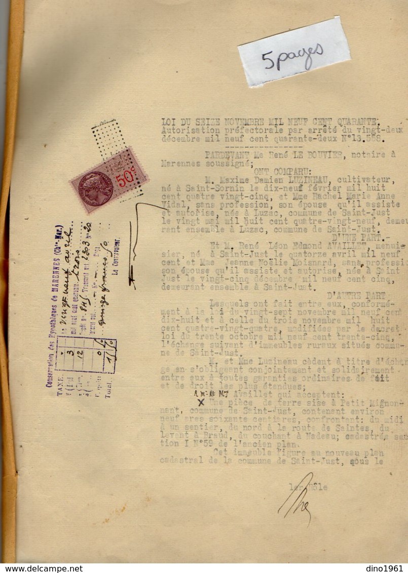 VP12.164 - MARENNES - Acte De 1943 - Entre Mrs LUZINEAU & AVAILLET Echange De Terre Située à SAINT - JUST - Colecciones
