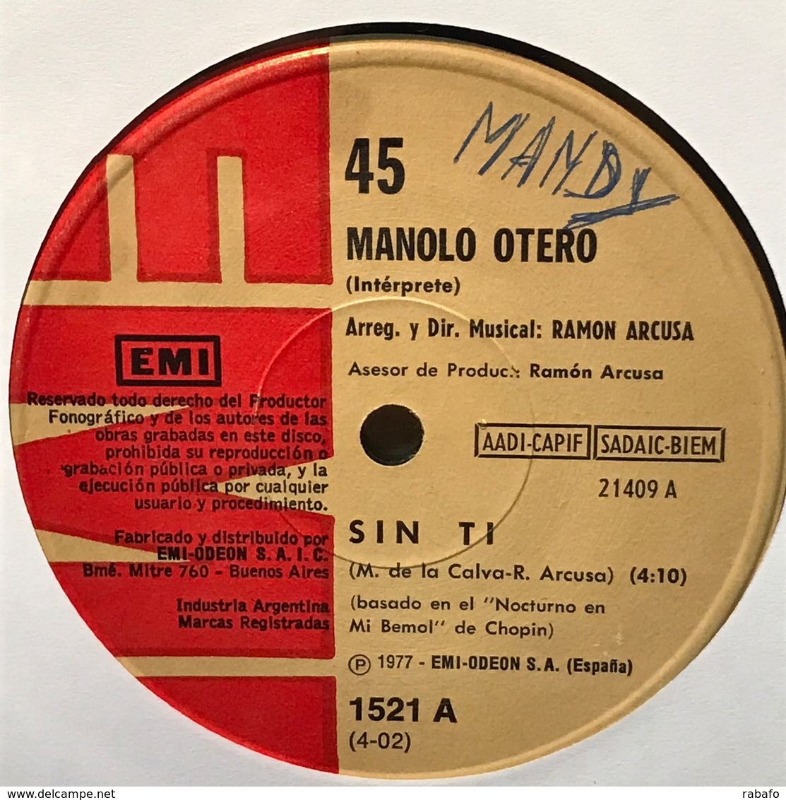 Sencillo Argentino De Manolo Otero Año 1977 - Sonstige - Spanische Musik