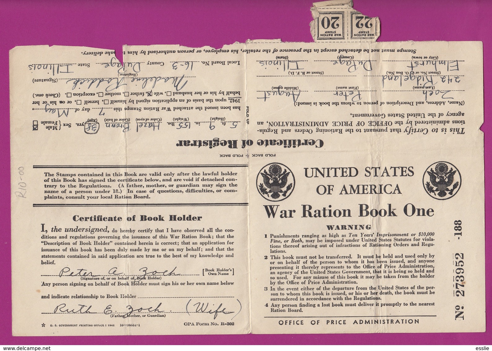 United States Of America USA - War Ration Book 1 - 1942 - Zoch Famiy - 6 Booklets / Pages - Matériel Et Accessoires