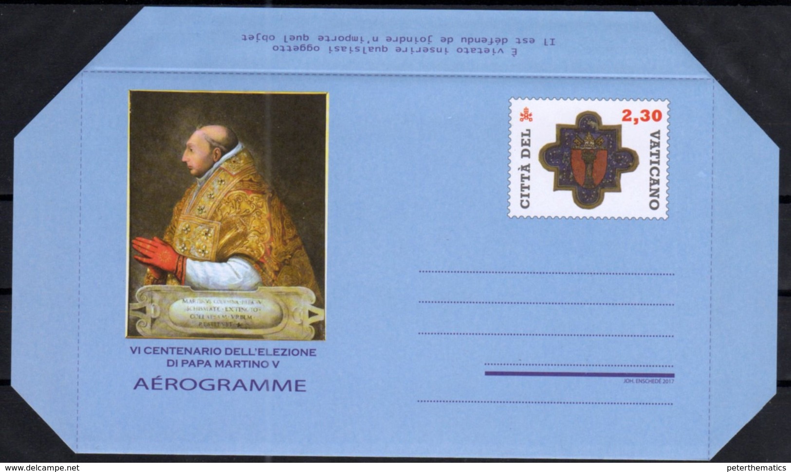 VATICAN, 2018, MINT, AEROGRAMME, POPES, 600TH ANNIVERSARY OF ELECTION OF POPE MARTIN V, - Papi