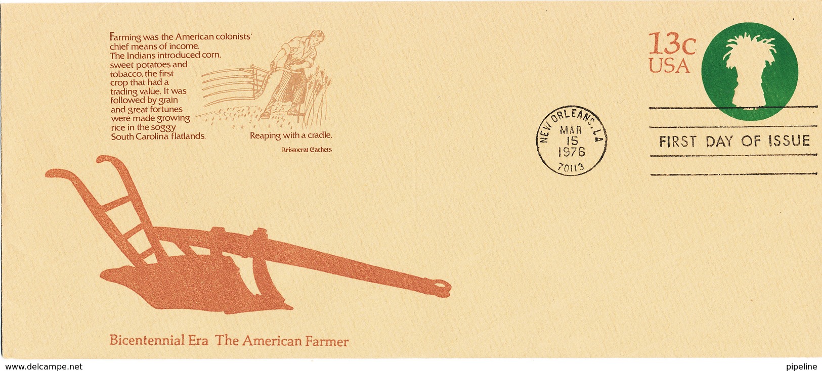 USA FDC 15-3-1976 Postal Stationery Cover Bicentennial Era The American Farmer New Orleans 15-3-1976 - 1971-1980