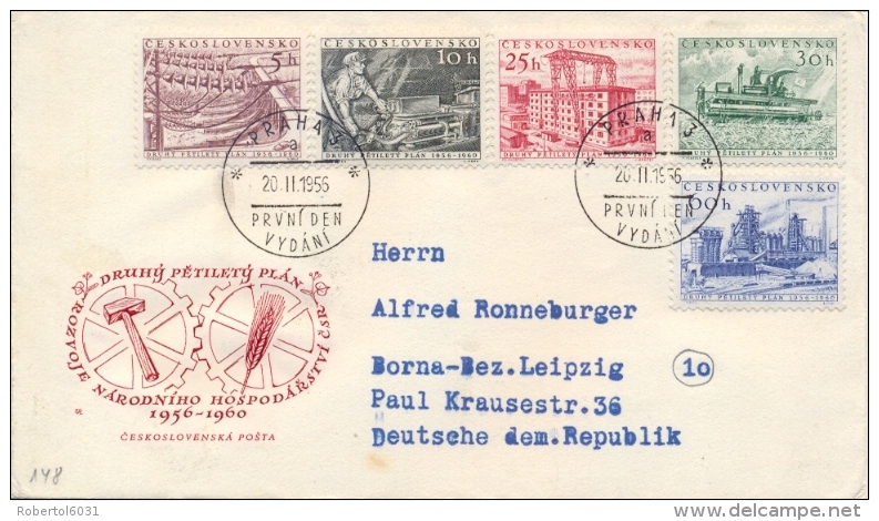 Czechoslovakia 1956 FDC 2th Five Year Plan Posted - Fabriken Und Industrien