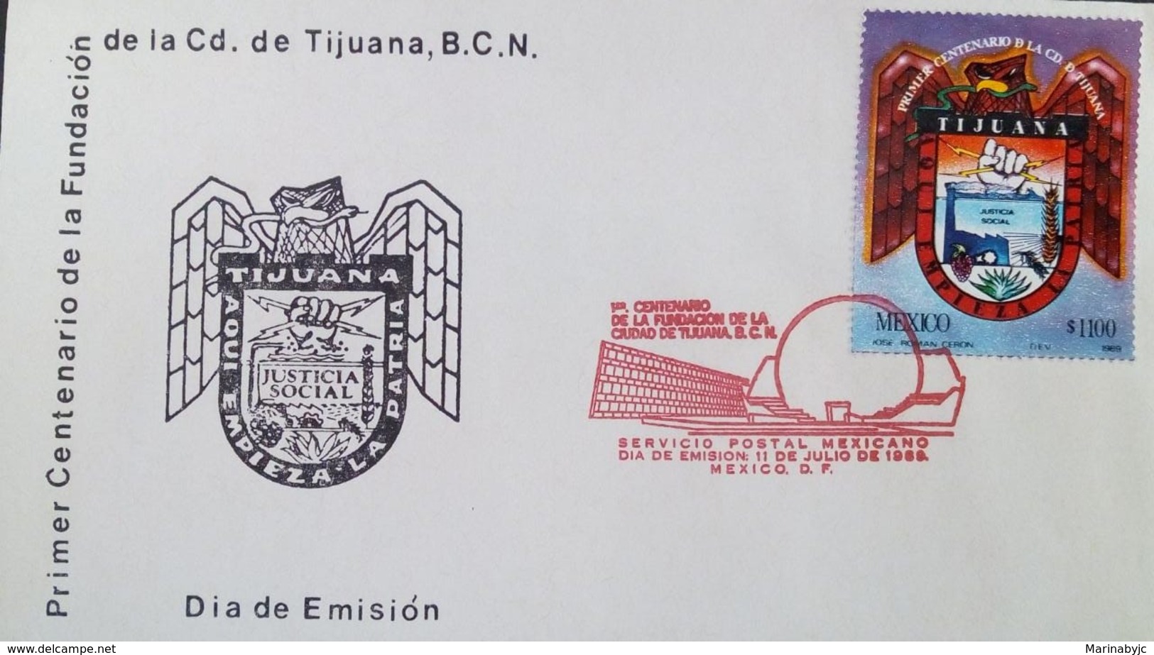 J) 1989 MEXICO, FIRST CENTENARY OF THE FOUNDATION OF THE CITY OF TIJUANA, B.C.N., EMBLEM, FDC - Mexico