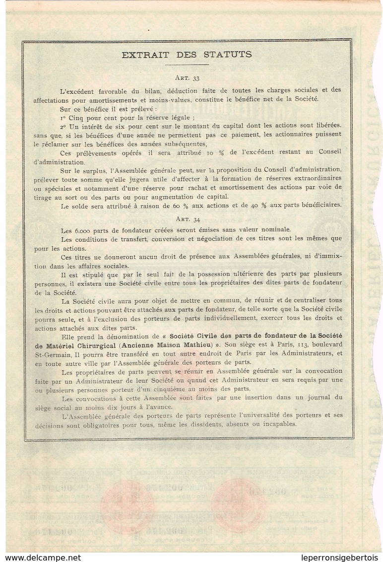 Ancienne Action - Société De Matériel Chirurgical - Ancienne Maison Mathieu - Titre De 1921 - - Industrie