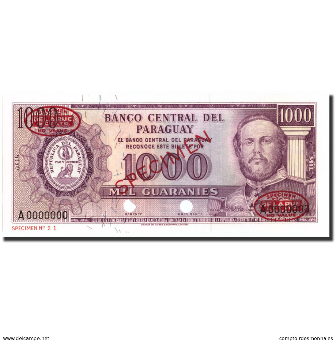 Billet, Paraguay, 1000 Guaranies, 1952, 1952, Specimen TDLR, KM:201s, NEUF - Paraguay