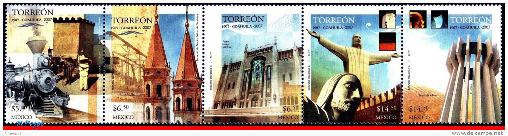 Ref. MX-2546 MEXICO 2007 CITIES, 100 YEAR OF TORREON CITIE, , TRAIN, CHURCHES, MNH 5V Sc# 2546 - Mexique