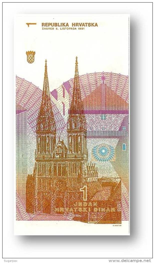 CROATIA - 1 Dinar - 08/10/1991 - P 16 - AUnc. - Série I7 - Ruder Boskovic / Zagreb Cathedral - Croácia Croatie Kroatien - Croatie