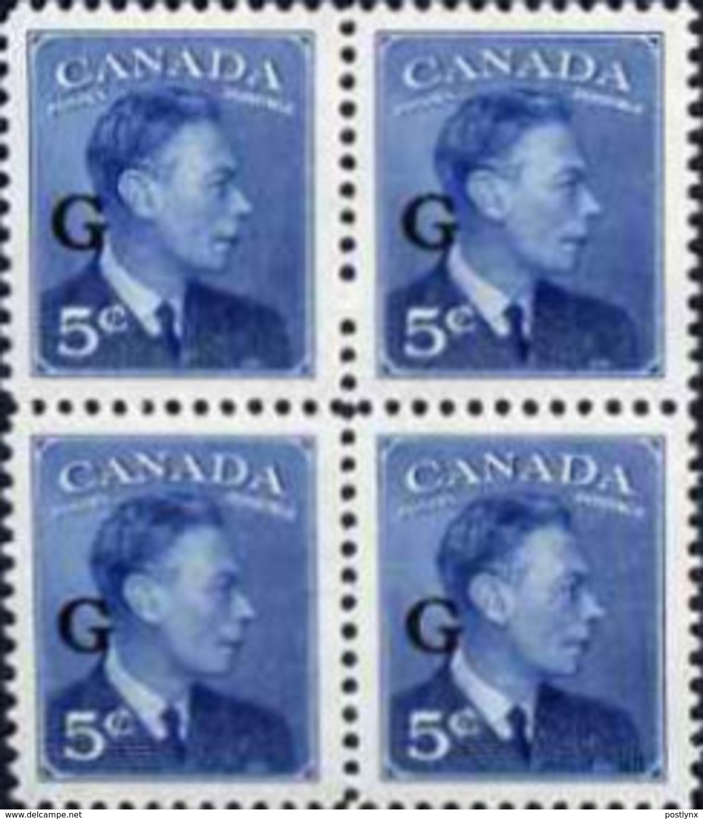 CANADA 1950 George VI 5c Blue OVPT:G 4-BLOCK [Aufdruck,surimprimé,sobreimpreso,soprastampato,opdruk] - Opdrukken