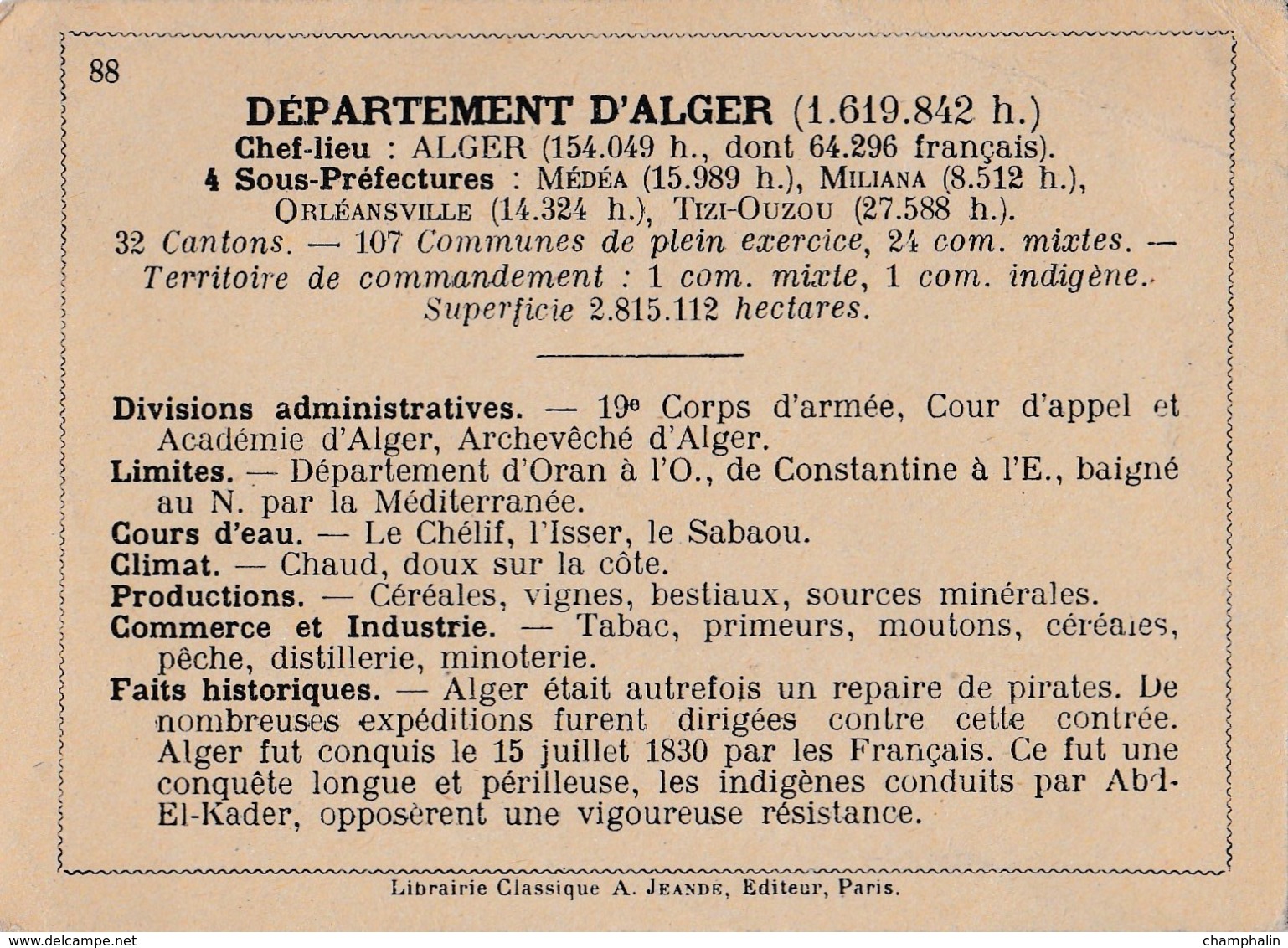 Chromos - Bon Point Lecture - Sans Publicité - Département D'Alger (Algérie) - Librairie A. Jeandé à Paris - Autres & Non Classés