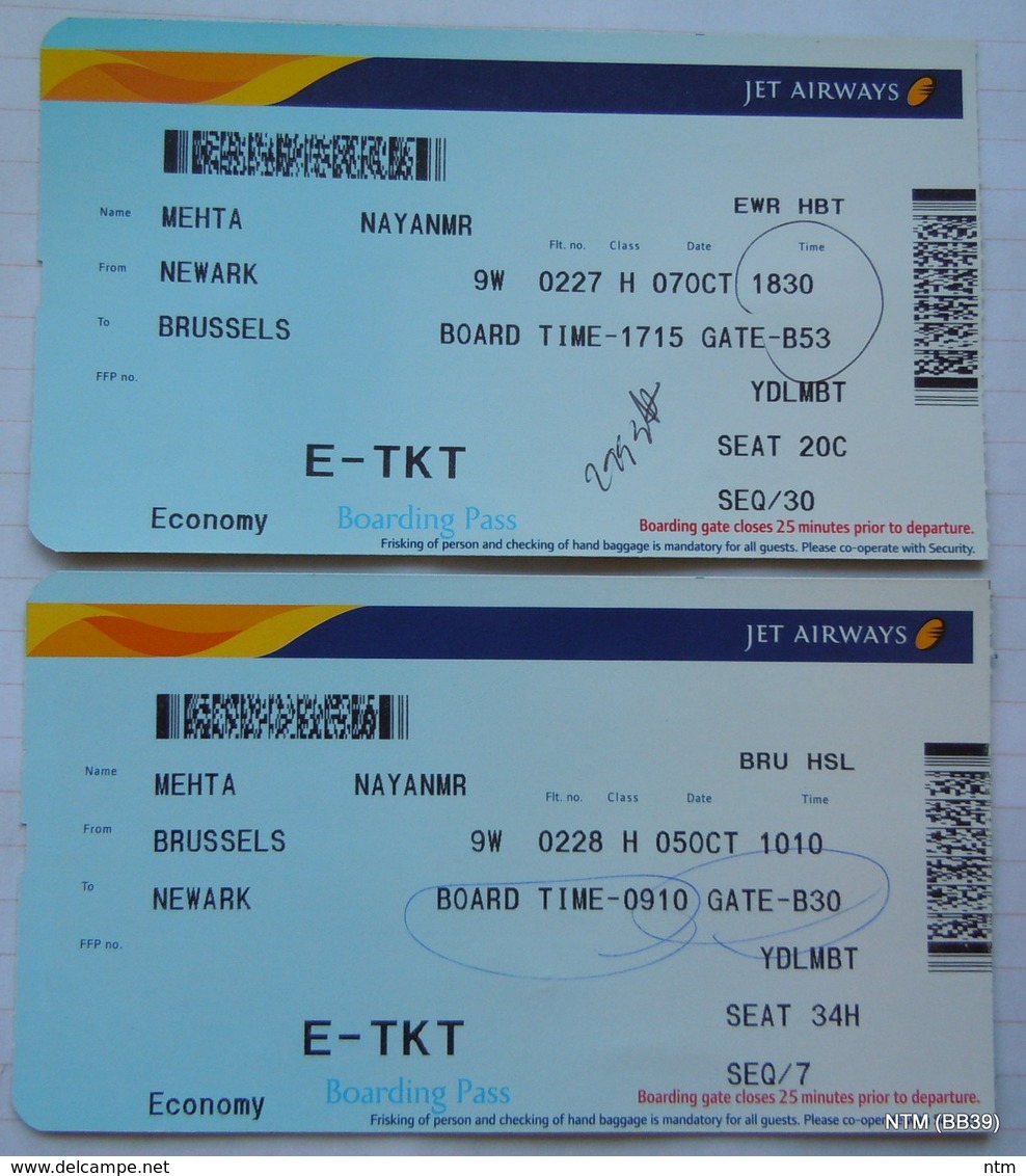 JET AIRWAYS E-TICKET - BOARDING PASS (Year 2012). Brussels To Newark And Newark To Brussels. Used. - Mundo