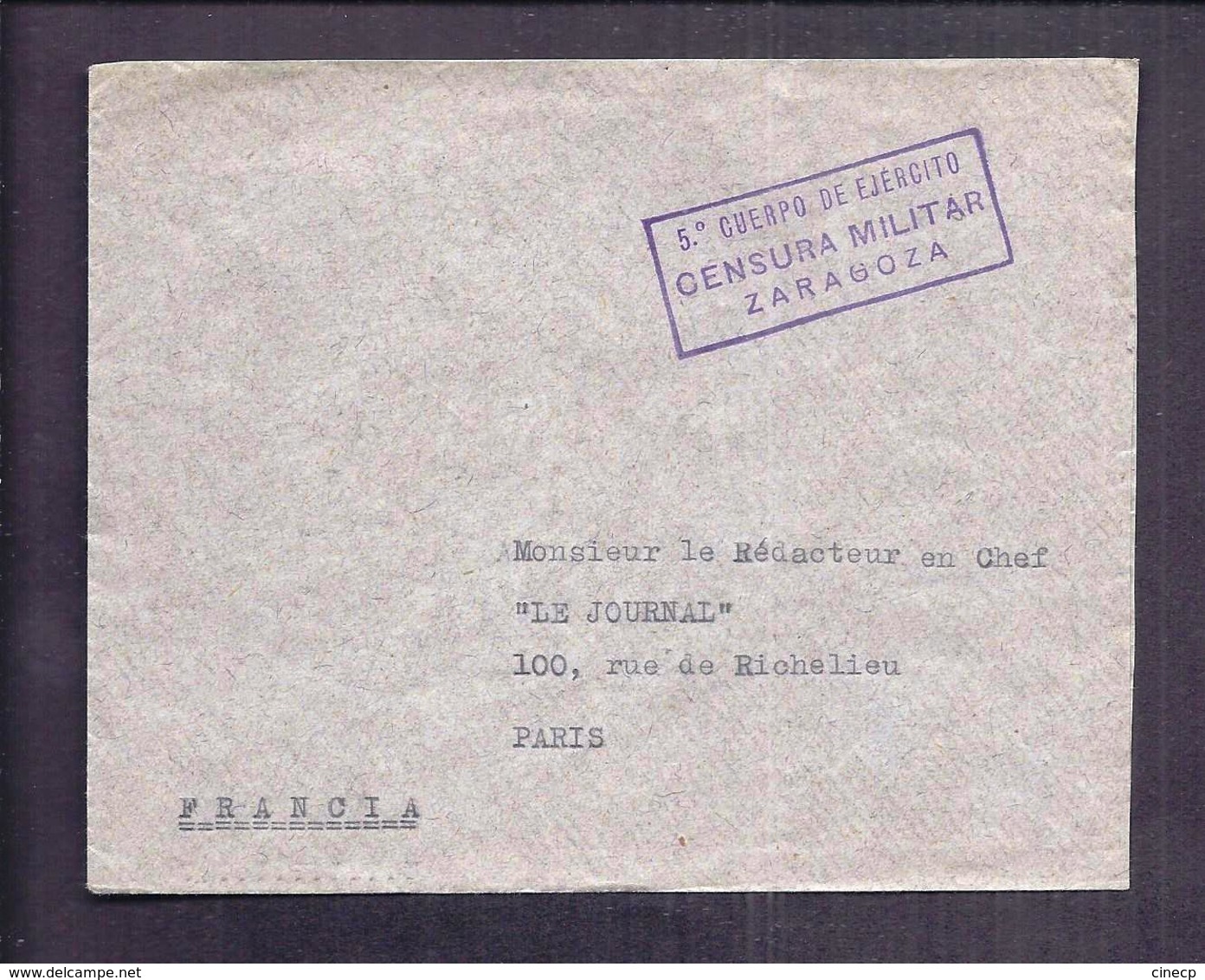 ENVELOPPE GUERRE ESPAGNE Cachet Censure Censura Militar 5° Cuerpo De Ejercito ZARAGOZA 1938 - Marcas De Censura Nacional