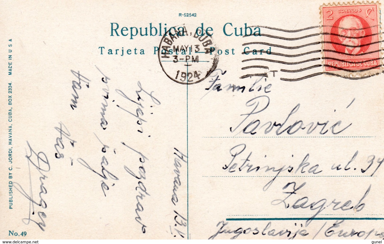 MAY 13 1924  Flier Cancel On PC From HABANA,CUBA To Zagreb Jugoslavia - Brieven En Documenten