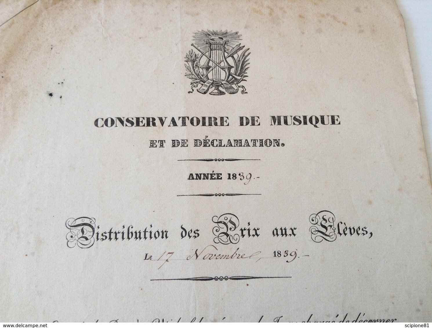 Conservatoire De Musique Et De Declamation 1839 - Diplômes & Bulletins Scolaires