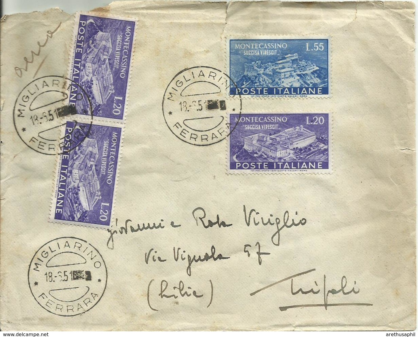 R.C.187-Lettera Posta Aerea Per La Libia Con 3x20 £ + 55 £ Montecassino 18.6.1951 (tar. 55+30x2) - 1946-60: Storia Postale