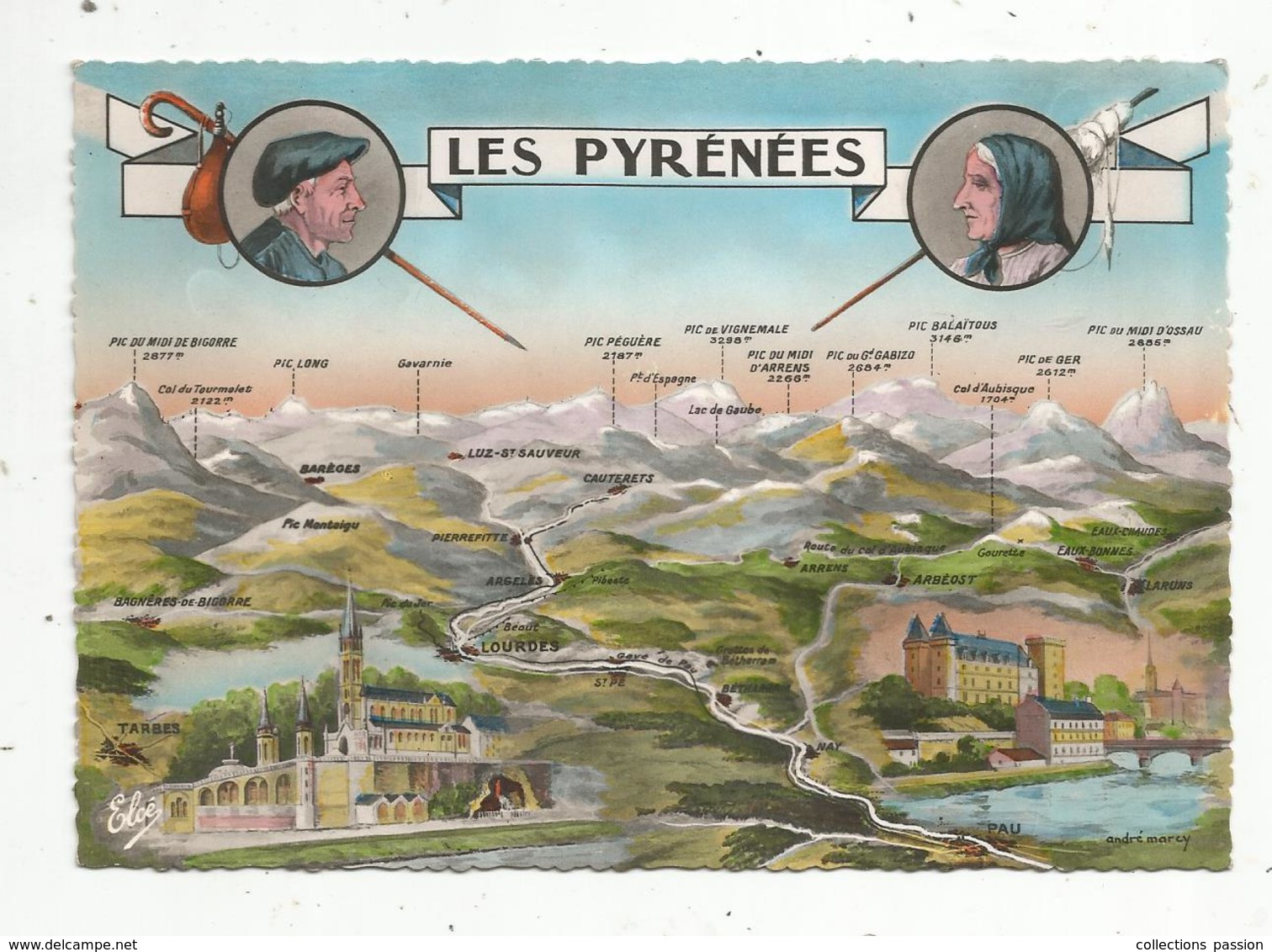 Cp , Carte Géographique, LES PYRENEES , Vierge , Ed. Elcé - Chatagneau - Landkarten