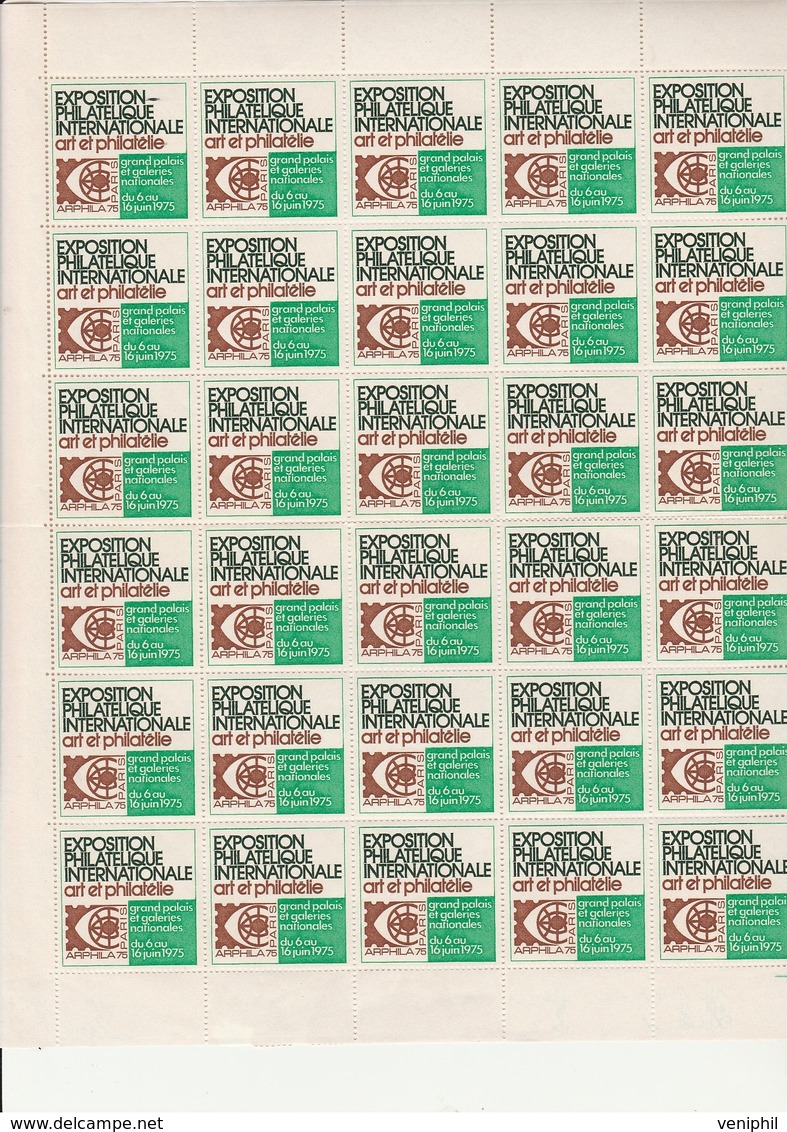 FEUILLE COMPLETE DE 30 VIGNETTES ARPHILA 75 -  COULEUR VERTE - Briefmarkenmessen