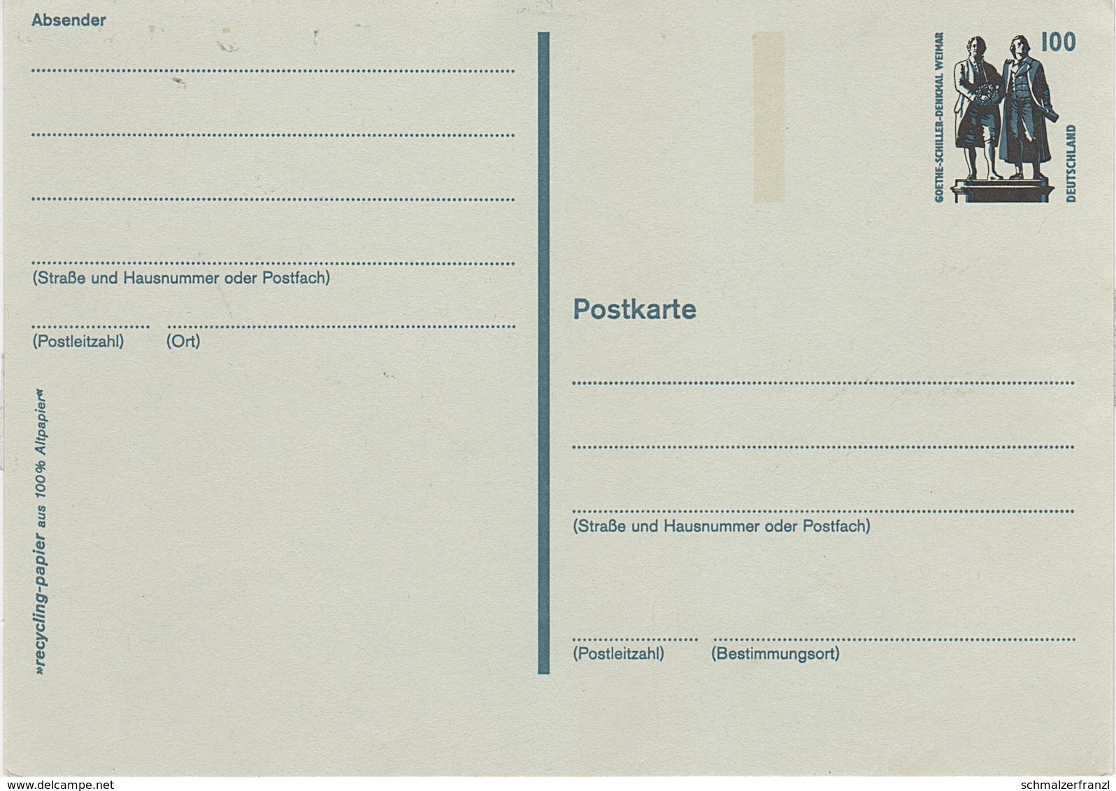 Postkarte Ganzsache Deutsche Bundespost Post Briefmarke 100 Pfennig 1 DM Mark Goethe Schiller Denkmal Weimar - Postkarten - Ungebraucht