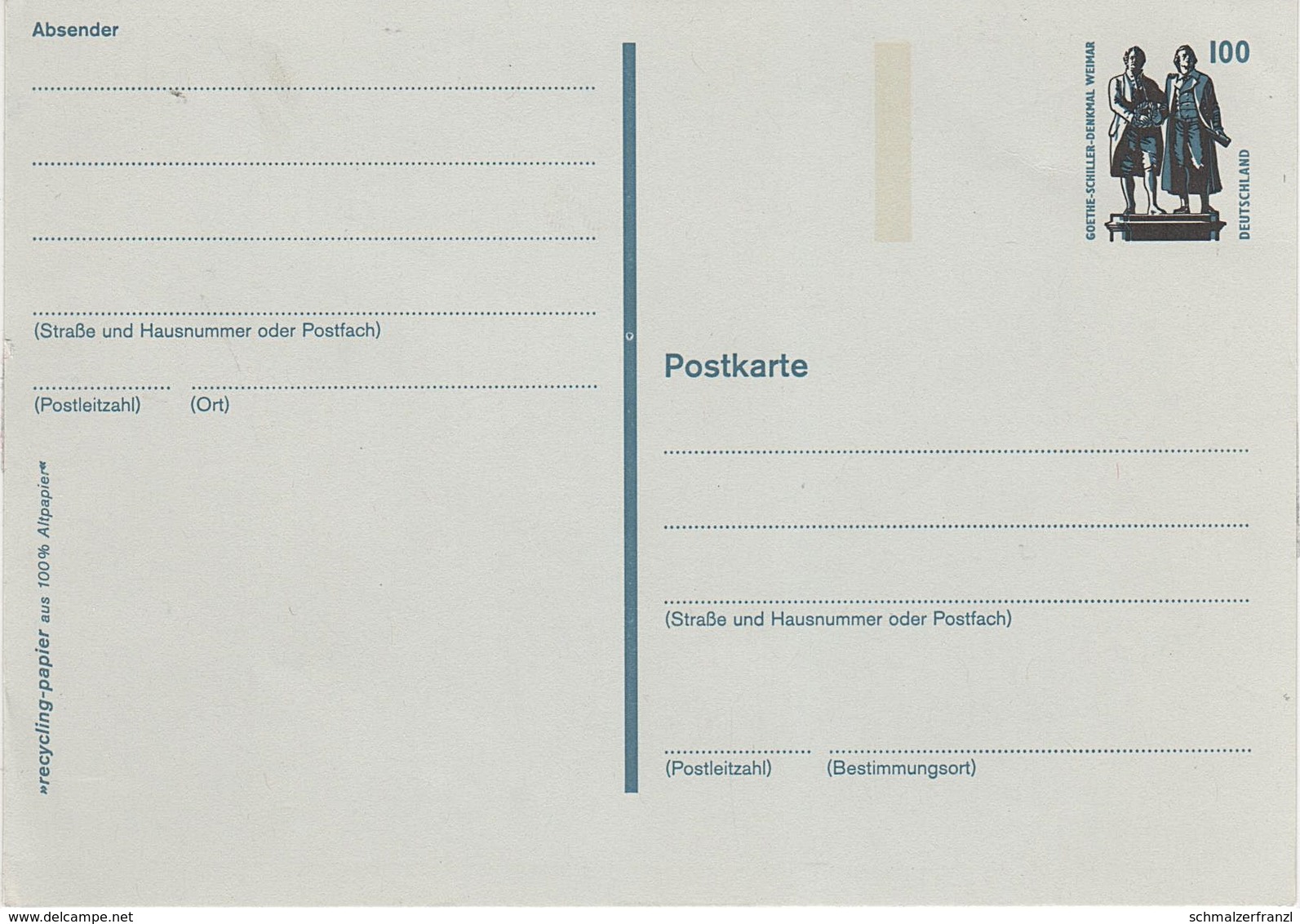 Postkarte Ganzsache Deutsche Bundespost Post Briefmarke 100 Pfennig 1 DM Mark Goethe Schiller Denkmal Weimar - Postkarten - Ungebraucht