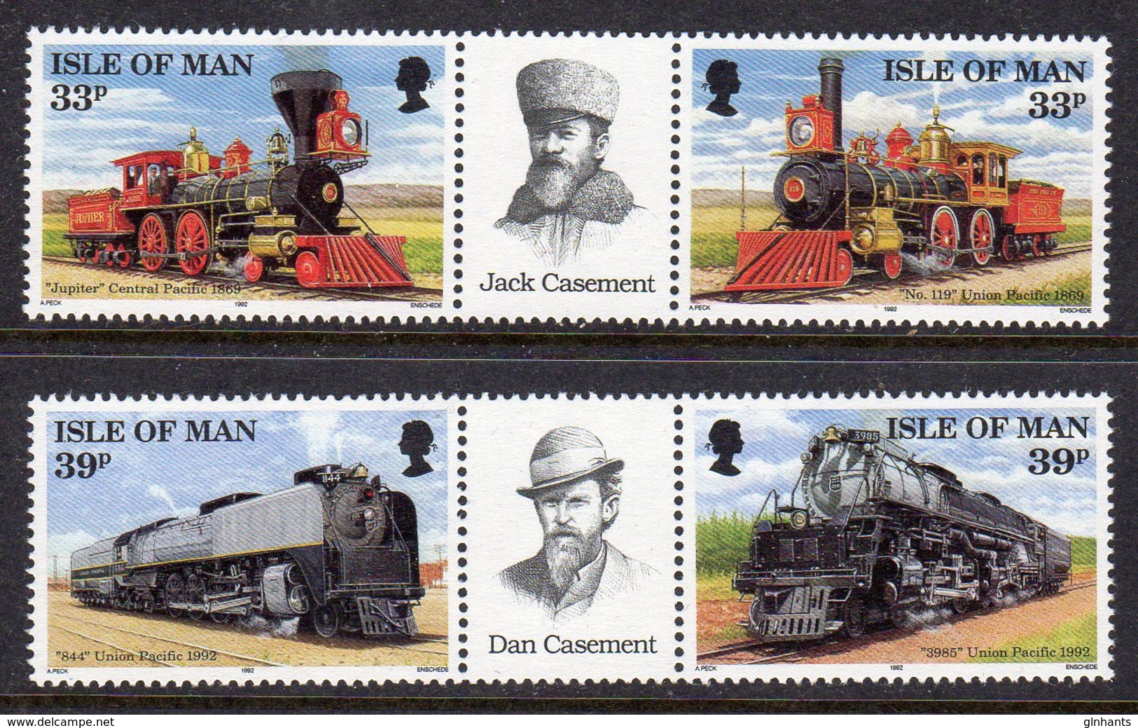 GB ISLE OF MAN IOM - 1992 UNION PACIFIC RAILROAD SET (4V) IN HORIZONTAL PAIRS WITH LABEL FINE MNH ** SG 522a, 524a - Isle Of Man