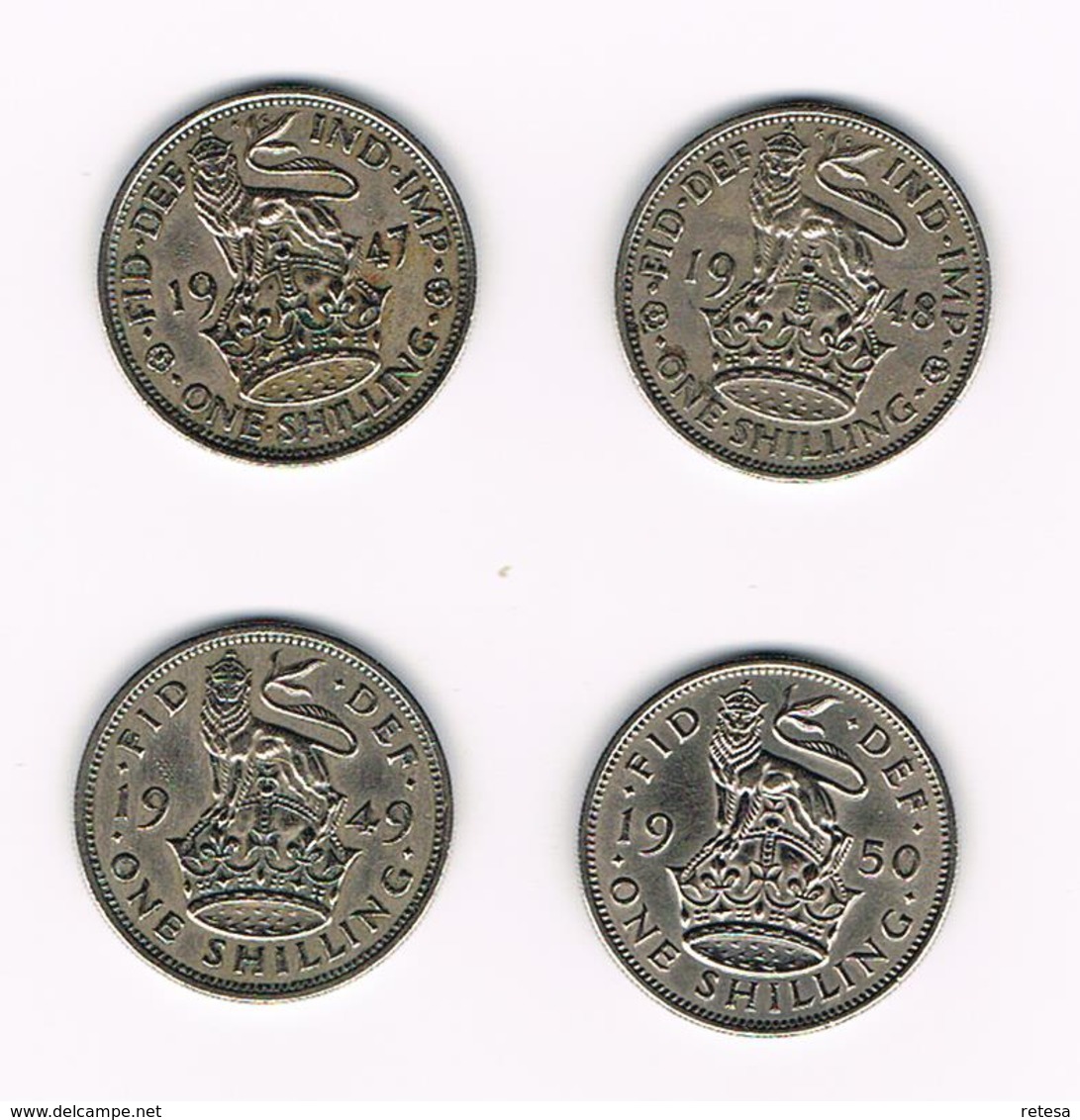 )  GREAT BRITAIN 4 X 1 SHILLING  1947/48/49 +1950  ENGLISH  CREST - I. 1 Shilling