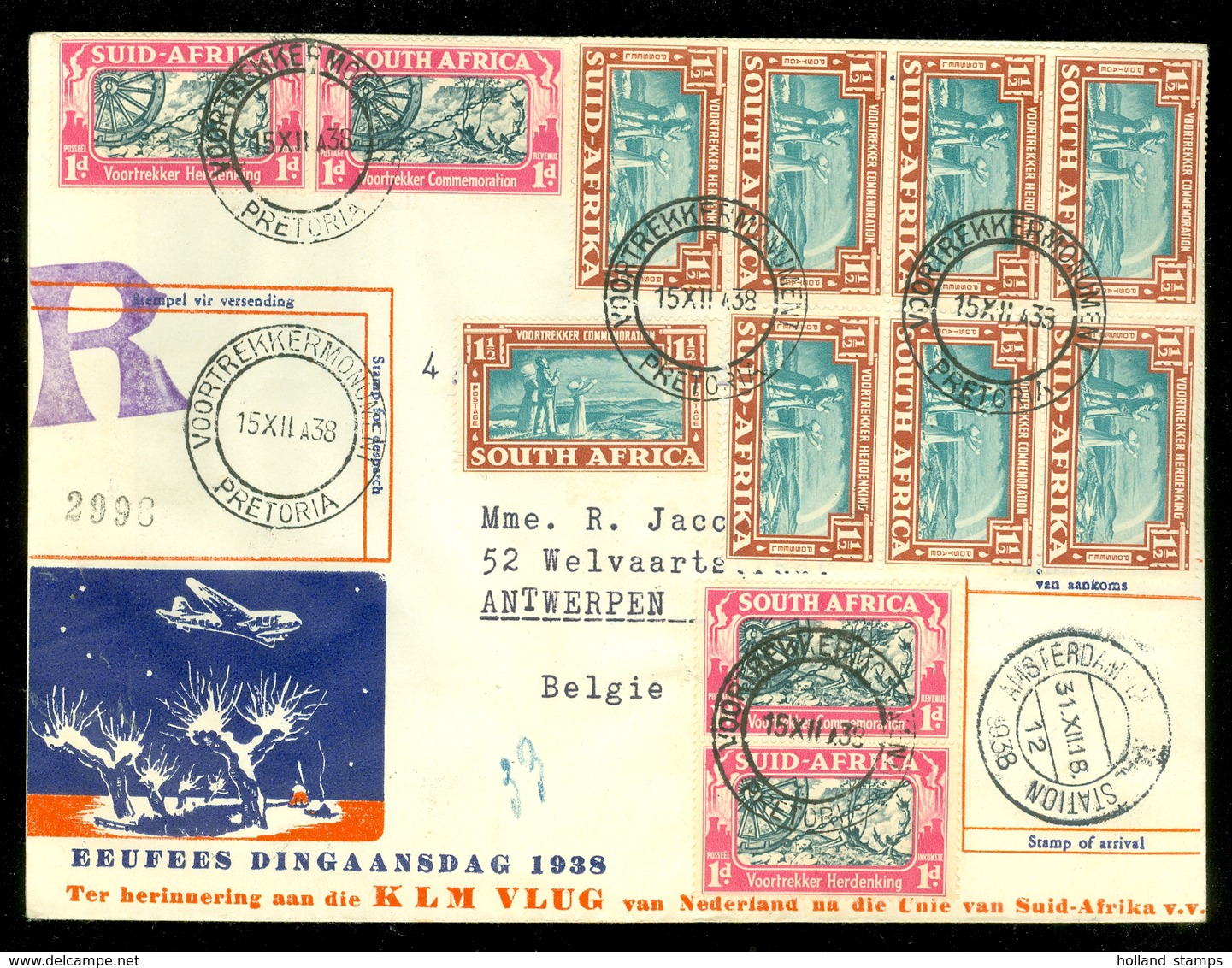 LP * NEDERLAND ZUID AFRIKA K.L.M. Dingaansvlucht 6/12/38 * AANGETEKEND PRETORIA V.v. ANTWERPEN BELGIE  (11.145k) - Brieven En Documenten