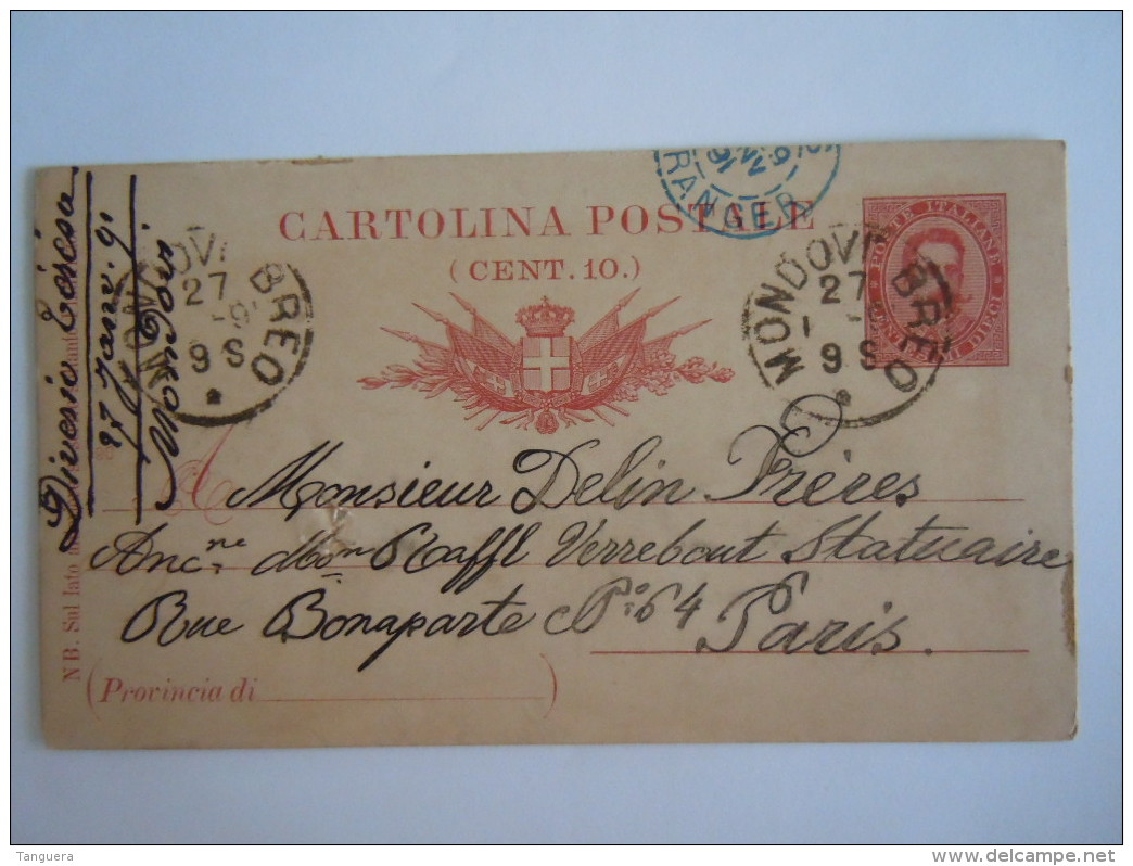 Italie Italia Entier Postal Stationary Cartolina 1891 Mondovi Breo  -&gt; Paris - Interi Postali