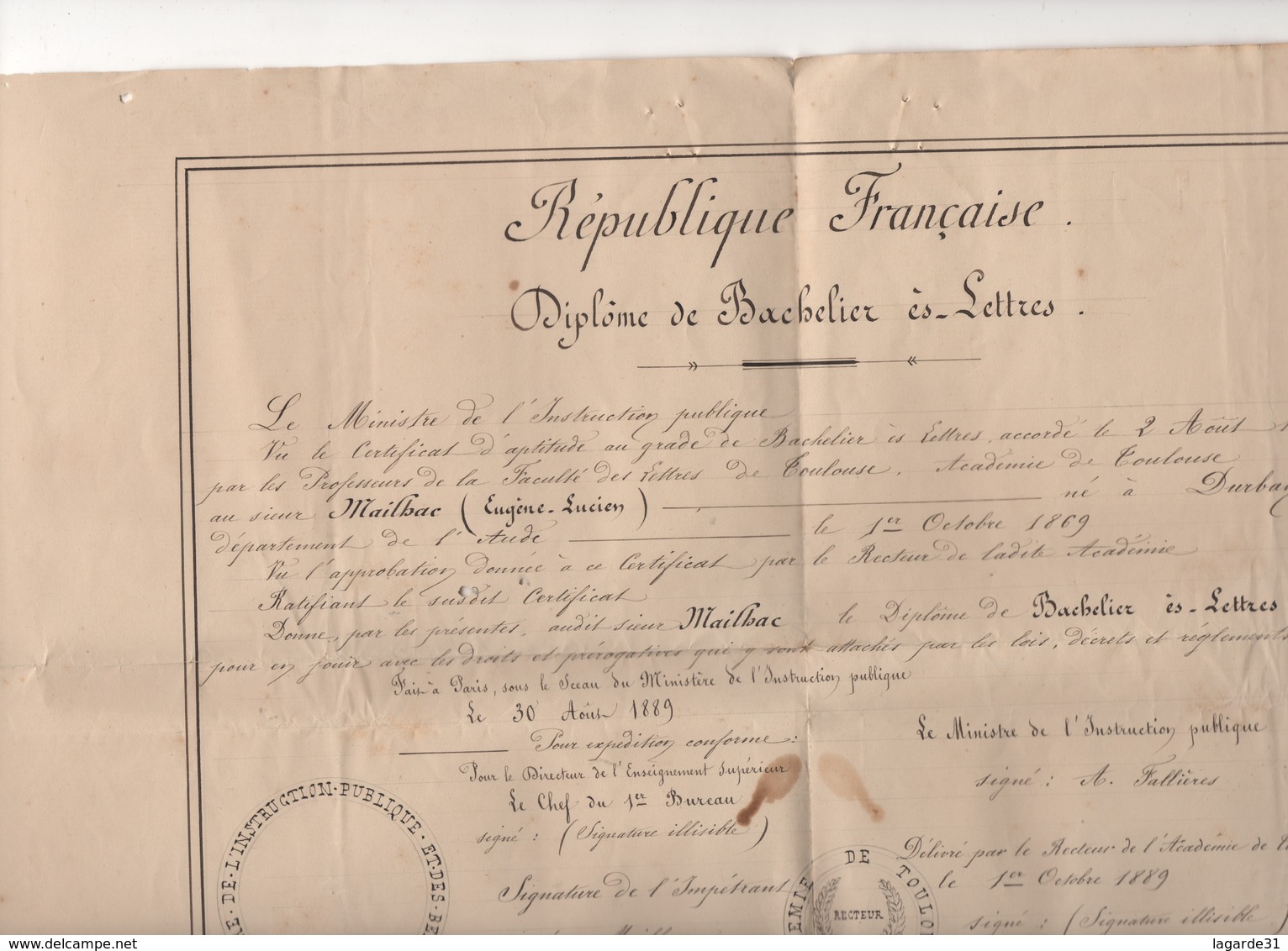0206025 Diplome De Bachelier Academie De Toulouse 1889 MAILHAC Eugène Lucien Né à Durban (quelques Trous ) - Diplômes & Bulletins Scolaires