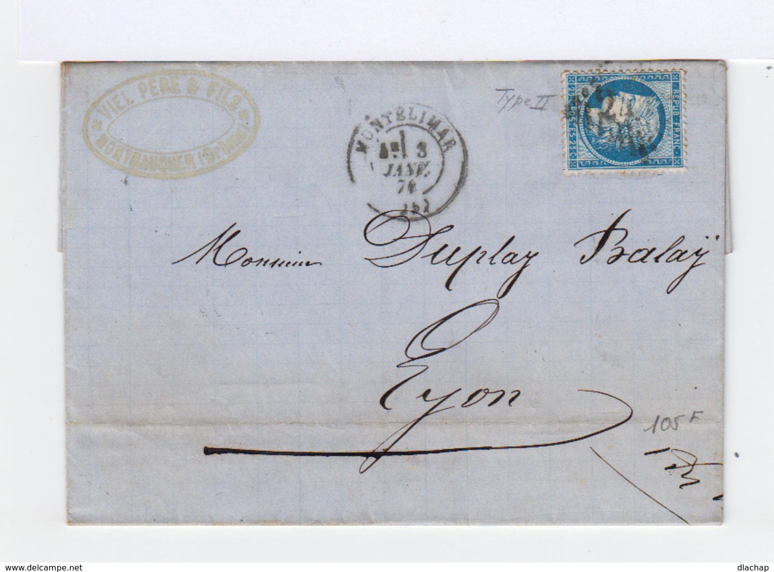 Timbre Sur Lettre Pour Lyon: Céres N° 60, Type 2, Obltitération Gros Points. CAD Montélimar 1874. CAD Lyon. (509) - 1701-1800: Précurseurs XVIII