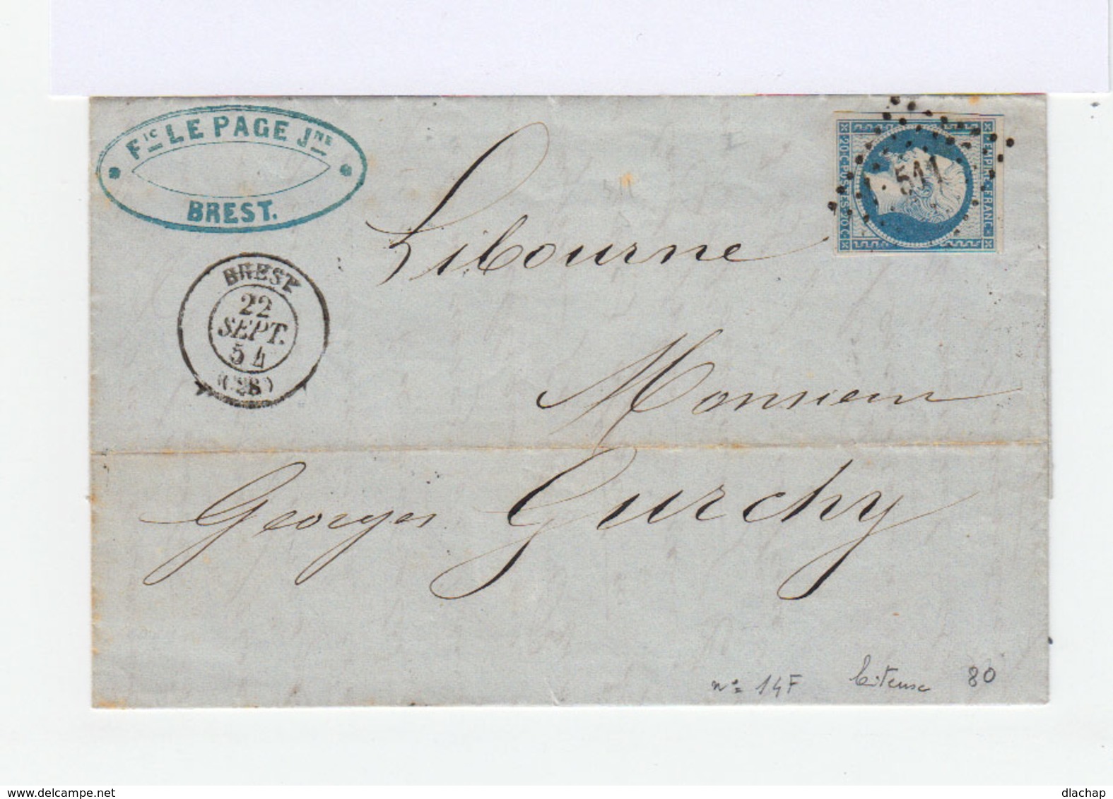 Timbre Sur Lettre Napoléon III 20 C. Bleu . Oblitéré Losange. CAD Brest 1854 (513) - 1849-1876: Période Classique