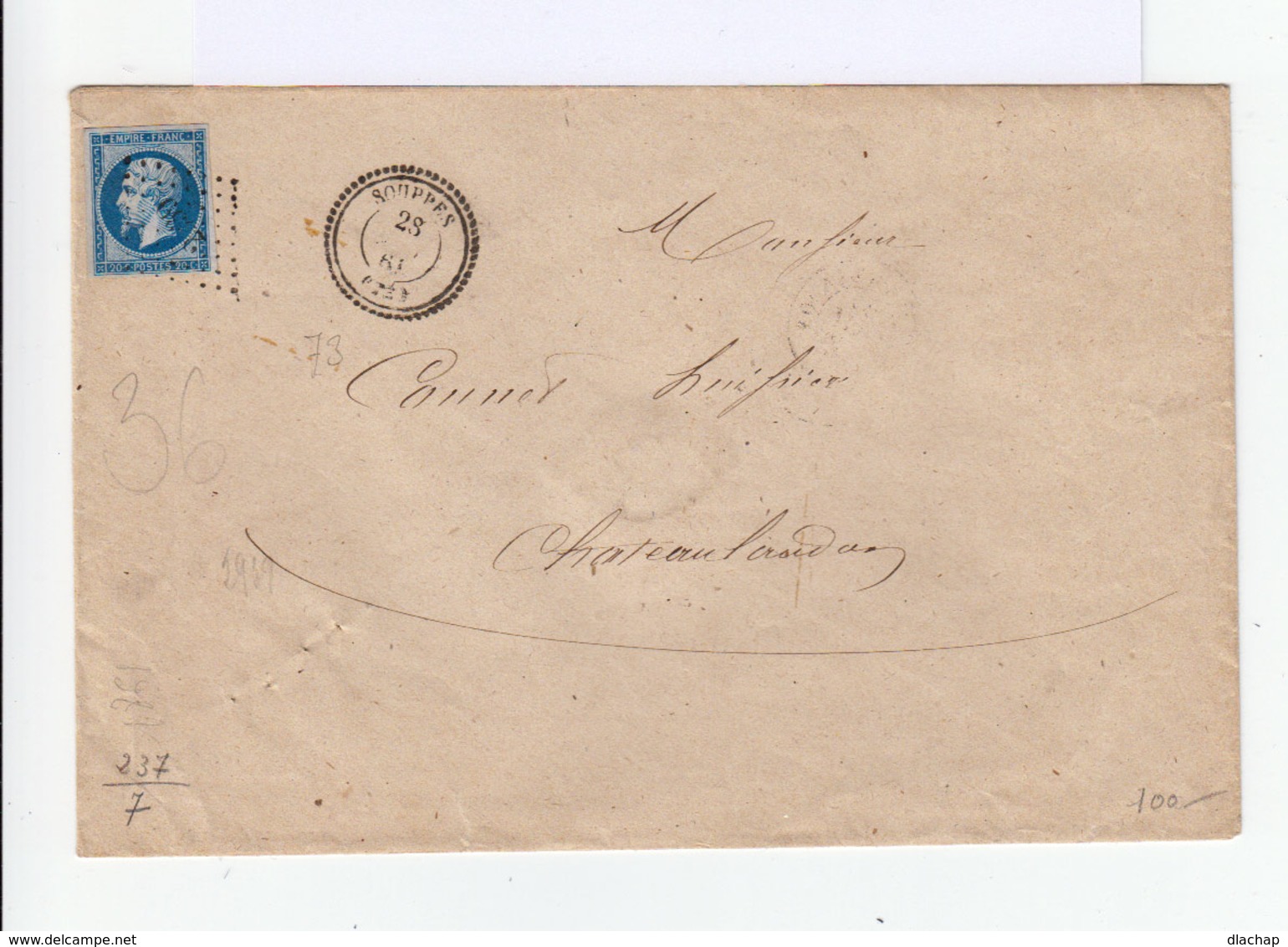 Timbre Sur Enveloppe Napoléon III 20 C Bleu Obl. Losange. CAD Souppes  Type 22 Perlé1861. (514) - 1849-1876: Période Classique