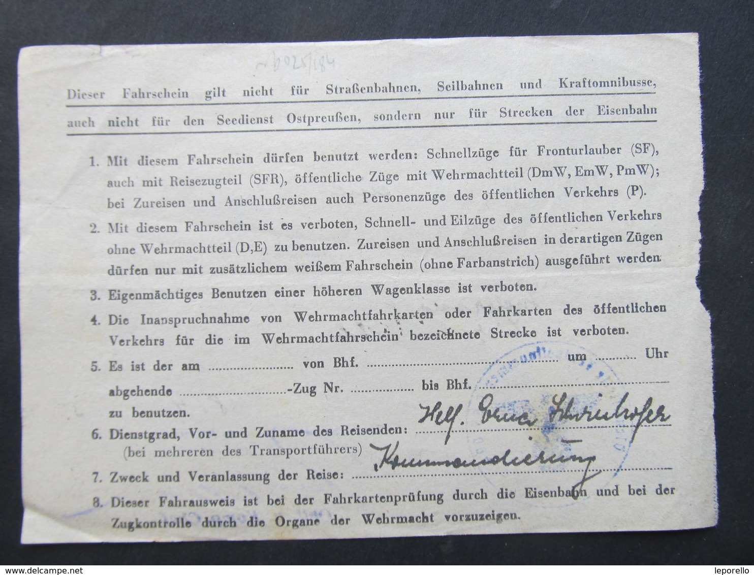 Fahrkarte Wehrmacht Kleiner Wehrmachtfahrschein Indersdorf - Liezen 18.4.1945 !!! // D*32199 - Europa