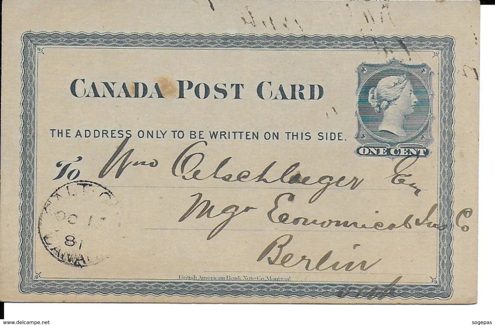 CANADA POST CARD ONE CENT - 1860-1899 Reign Of Victoria