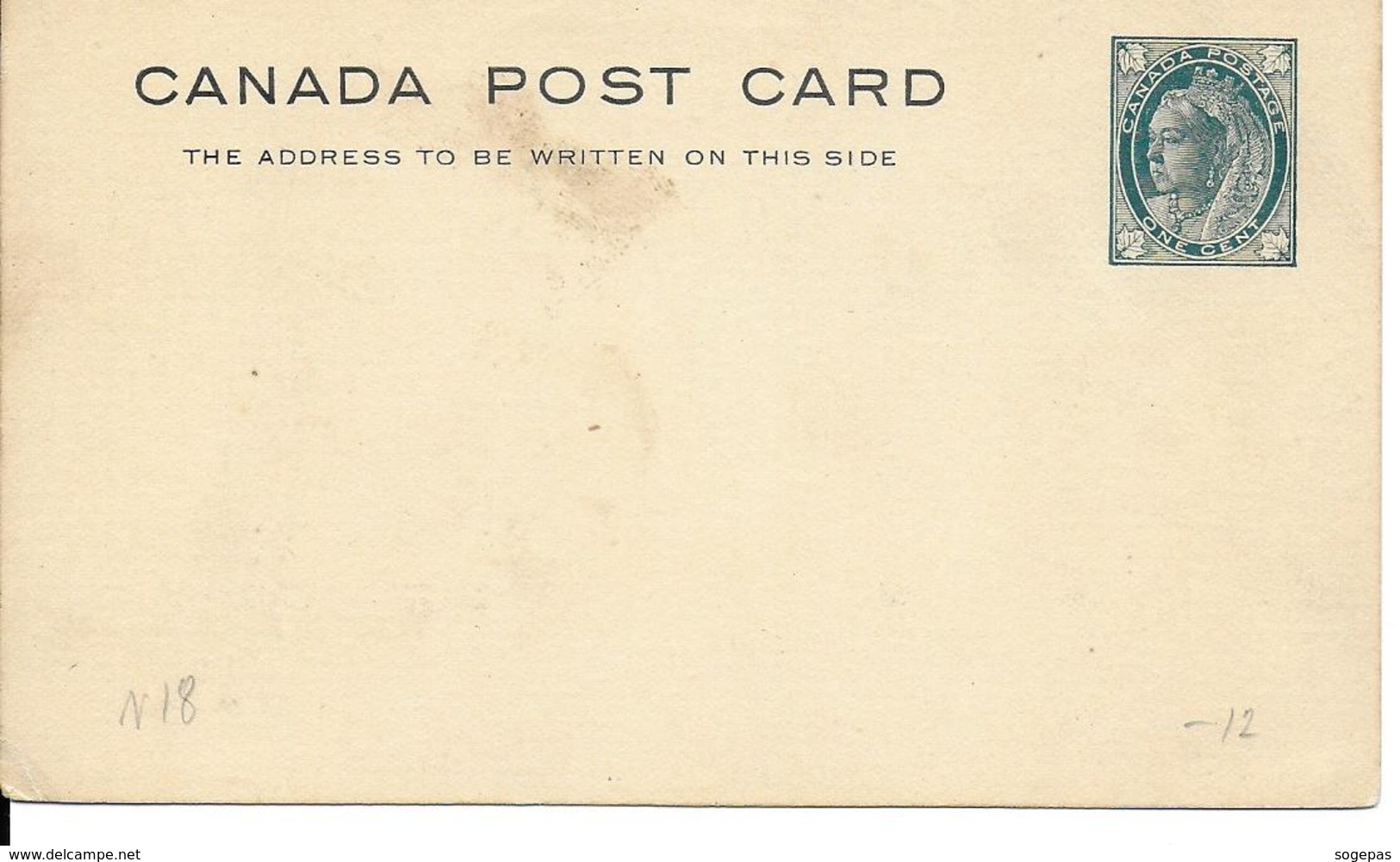 CANADA POST CARD ONE CENT - 1860-1899 Reign Of Victoria